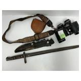 Bayonet, Knives, Binoculars, Strap, and Leather Ca