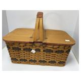 Woven Picnic Basket With Hinged Wooden Lid