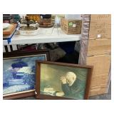 Two Framed Prints and Cardboard Mirror Cover