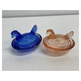 Two Glass Covered Hen Dishes, 2.5 in