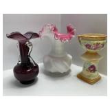 Fenton Ruffled Pink Vase, urn vase and ruffled pur