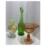Green & floral vase; Pink Hobnail Compote