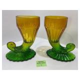 Amber and Green Glass Cornucopia Vases