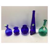 Five Blue and Green Glass Vases
