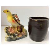 Plaster Cast Bird Figurine and Repaired Crock