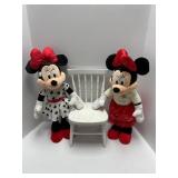 Two Minnie Mouse Plush Toys with Wooden Chair