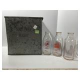 Metal Dairy Box and Three Vintage Milk Bottles