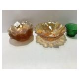 Iridescent Glass Bowls and Green Glass Dish Set