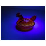 Amberina Glass Hen Covered Dish, UV Reactive