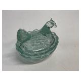 Pale Blue Pressed Glass Hen on Nest, 2.5 in