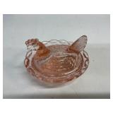 Pink Glass Hen-On-Nest Dish, 2.5 Inches