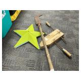 Wooden Carpenter's Clamp, Hay Knife, and Metal Sta