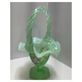 Fenton Green Frosted Glass Basket with Hand-Painte