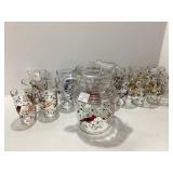 Glass Pitcher and Set of Bird-Theme Tumblers