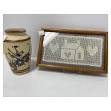 Hand-Painted Mexican Ceramic Vase and Framed Croch