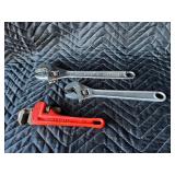 Small pipe wrench, two crescent wrenches