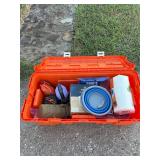 Camping gear in Orange Plano, trunk, cookware,...