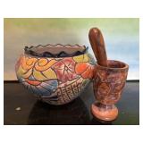Mexican Pottery; Hand Carved Wooden Mortar Pestle