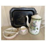 Antique Tole Tray; Metal Pitcher; and more