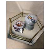Asian Porcelain Boxes and Mirrored Display Tray