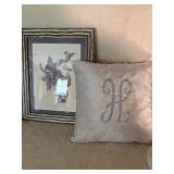 Framed Bird Print and Monogrammed 'H' Pillow