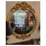 Large Round Beveled Mirror in Gold Frame