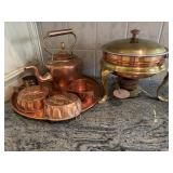 Copper Teapot and  Molds and Brass Chafing Dish