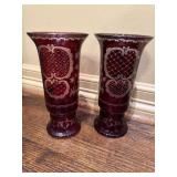 Egermann Ruby Red Etched Glass Vases
