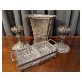 Silver Plate Candlesticks; Vase; and more