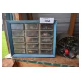 Nut and bolt cabinet, coffee can with bolts