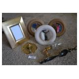 3 round mirrors, 2 sconces, picture frame