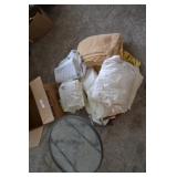 Table, box lot of sheets, blankets