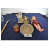 Blue spongeware bowl, 2 angels, doll, game