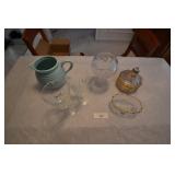 Candy dish, relish dish, candle, pitcher, goblets