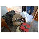 Garment bags, step stool, coat hangers, Christmas