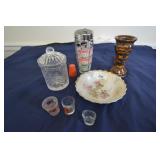 Drink mixer, shot glasses, wood vase, candy dish