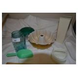 Tupperware cheese, hamburger press, blue jar,