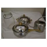 Old jar with handle, 2 pans, plant waterer