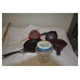 Pampered chef strainers, old miracle whip jar,
