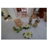 2 candle holders, 2 figurines, pitcher, shot