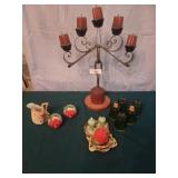 Salt and pepper, wood and metal candle, green
