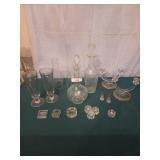 Glass decanters, glass candle holders, salts,
