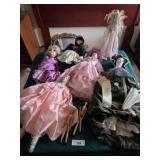 Porcelain dolls, 2 small wooden dolls, Amish doll