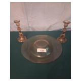 Pink depression candle sticks and bowl