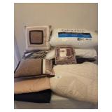 Bedspread, curtains, pillows, shower curtain