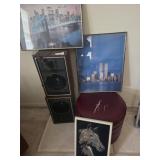 Speakers, step stool, New York skyline pictures