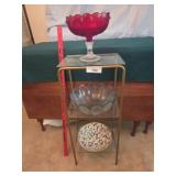 Glass shelf, 3 decorative bowls
