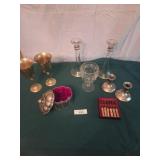 Glass candlestick, silver plated jewelry, Rogers