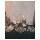 Assortment of silver, ice bucket, trays, misc