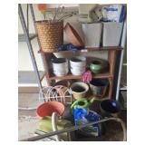 Wood shelf, flower pots, sweeper, garden fence,